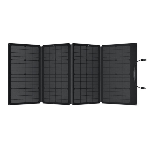 Solar Panel 160W portabel, aufgestellt, schwarz, Frontansicht.