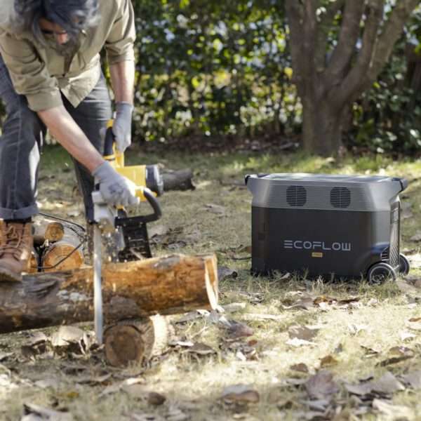 Eine Person mit kurzen dunklen Haaren und Handschuhen sägt mit einer Kettensäge einen Baumstamm in einem Hinterhof, in dem Laub auf dem Gras liegt. In der Nähe ist ein EcoFlow-Kraftwerk auf dem Boden positioniert, das sein tragbares Design zeigt. Im Hintergrund sind Bäume und Sträucher zu sehen, die auf einen gepflegten Außenbereich hindeuten.