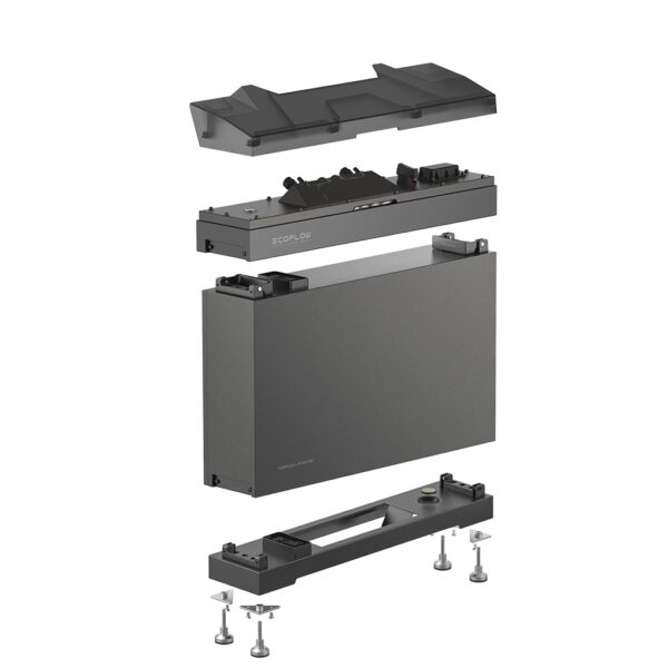 PowerOcean Battery Kit 5kWh von vorne Einzelteil Ansicht, Base, Batterie, Junction Box und Schutzabdeckung.