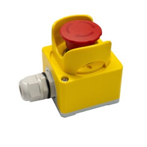 PowerOcean Emergency Stop Button gelb mit rotem Knopf.