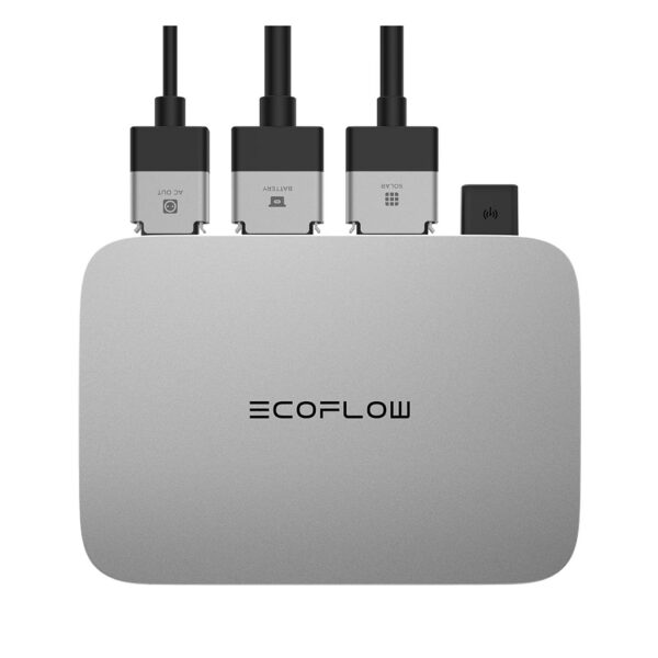 Ecoflow Powerstream 600W, Draufsicht mit Stecker angeschlossen.