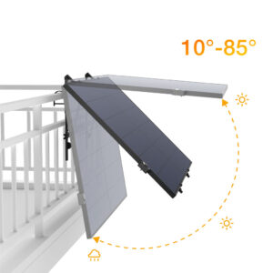 EcoFlow Einachsiger Solar Tracker mit Solarpanel starr, Anwendungsbild an Balkongelaender mit Neigungseinstellung von 10 bis 85 Grad.