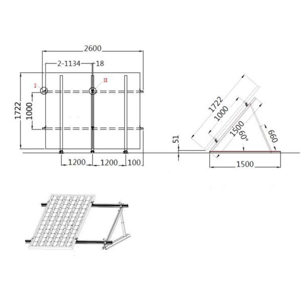 Universal einstellbarer Montagerahmen für 4x100W oder 2x 400W starre Solar Panels, Bemaßungsbild mit Neigungswinkeln,