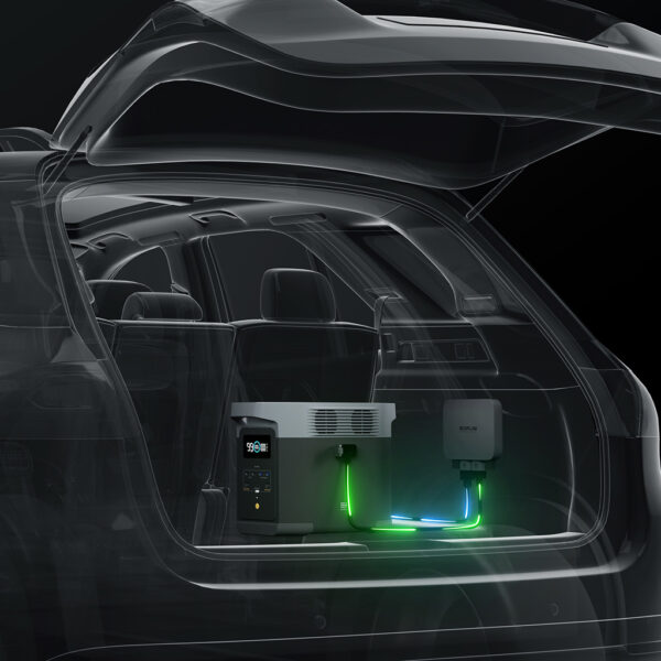 3in1 Smart Charge Booster 800W, black, Anwendungsbild im Kofferaum des Autos verbaut, angeschlossen an Powerstation zum Speichern des Stroms.