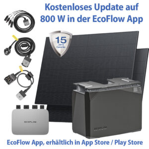 LFP 2kWh Batterie mit Powerstream 600W, drei mal Kabel rund gelegt und 2 mal solarpanel starr 420W im Set.