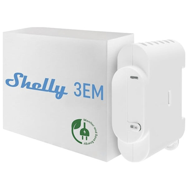 Smart Meter Shelly 3EM weiss mit hellblauer Aufschrift.