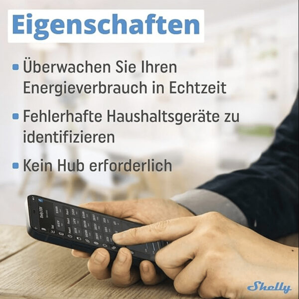 Smart Meter Shelly 3EM 3-Phasen-Stromzaehler Eigenschaften werden erklaert, Mann haelt Handy in den Haenden.