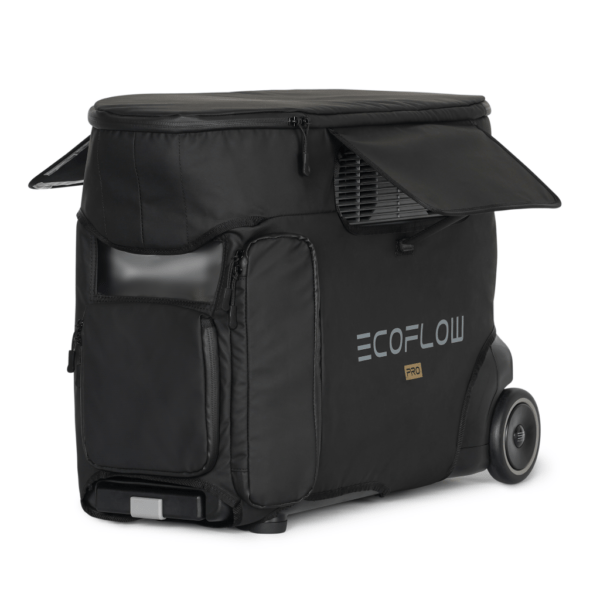 EcoFlow Delta Pro bag, Ansicht von Schräg vorne, mit seitlich geöffneten Laschen, damit Luft zirkulieren kann