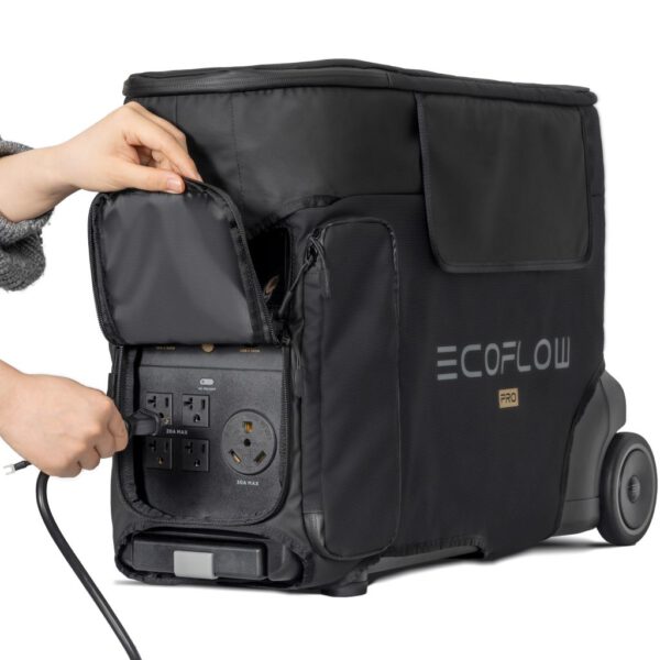 EcoFlow Delta Pro bag, Ansicht von Schräg vorne, mit geöffneter Lasche, damit man Geräte in die Steckdose der Delta Pro stecken kann