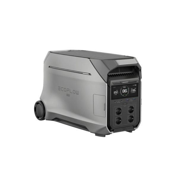 EcoFlow Delta Pro 3, Powerstation mit Rollen in silber Schwarz vor weißem Hintergrund, mobil und ideal für Camping