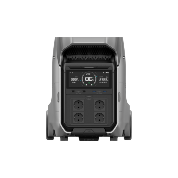 EcoFlow Delta Pro 3, Powerstation mit Rollen in silber Schwarz vor weißem Hintergrund