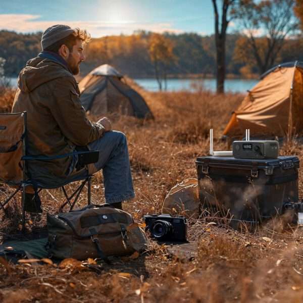 Mann mit Bart sitzt in einem Campingstuhl vor einem See, trägt Hut und Jacke, Zelte im Hintergrund, Ausrüstung auf dem Tisch, Naturkulisse, Herbstfarben, ruhige Atmosphäre, Outdoor-Lifestyle, Fotografie, aufgenommen an einem sonnigen Tag, Weitwinkelaufnahme