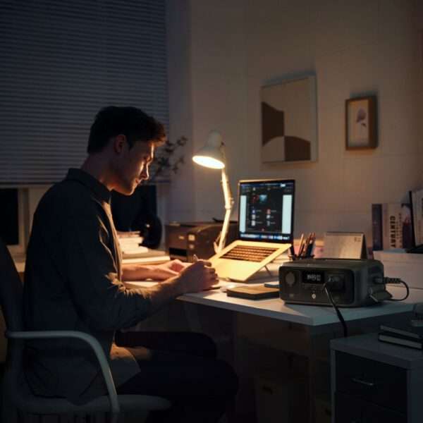 Ein Mann sitzt an einem Schreibtisch in einem schwach beleuchteten Raum, der von einer Schreibtischlampe erhellt wird. Der Laptop auf dem Schreibtisch ist geöffnet und zeigt Zeilen mit Code an. Der Raum ist gemütlich, mit einem Bild an der Wand und Büchern, die an der Seite gestapelt sind.