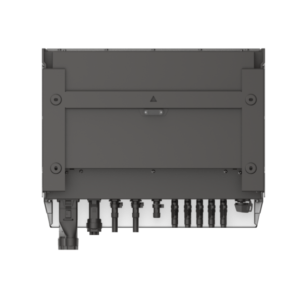 Silberner Kasten mit Ecoflow Logo, PowerOcean Plus, hybrid Invertor, Rueckansicht.