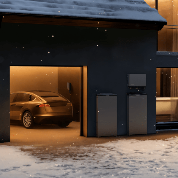 Powerocean Plus 3 phasig an Hauswand montiert, mit einblick in die Garage bei Schnee