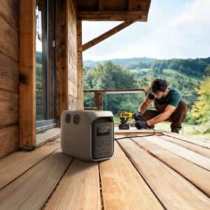 Eine Szene im Freien mit einem tragbaren Kraftwerk im Vordergrund, das mit EcoFlow beschriftet ist. Im Hintergrund arbeitet ein Mann mit einer Bohrmaschine an einer Holzverkleidung. Der Schauplatz ist eine hüttenähnliche Struktur mit großen Fenstern, umgeben von üppig grünen Hügeln unter einem teilweise bewölkten Himmel. Die Holzdielen sind gut gepflegt und tragen zur rustikalen Ästhetik bei.