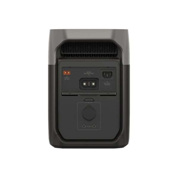 Eine kompakte, rechteckige Energiestation mit einem eleganten schwarzen Gehäuse. Auf der Rückseite sind verschiedene Anschlüsse zu sehen: zwei Wechselstromanschlüsse, ein zusätzlicher Batterieanschluss und ein Gleichstrom-Ein/Aus-Schalter, die alle zur einfachen Identifizierung beschriftet sind. Auf der Oberseite befindet sich ein Lüftungsgitter, das eine effiziente Luftzirkulation gewährleistet. Das Design ist modern und funktional und eignet sich für den Einsatz im Freien oder als Notstromversorgung.