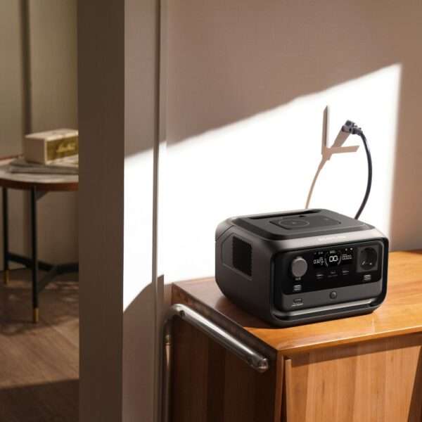 Ein modernes tragbares Radio in elegantem Schwarz-Grau-Design mit Digitalanzeige, mehreren Drehreglern und Tasten auf der Vorderseite. Das Radio ist an eine Steckdose an einer weißen Wand angeschlossen, wobei ein schwarzes Netzkabel aus der Rückseite herausragt. Es steht auf einem polierten Nachttisch aus Holz mit glatten Kanten und einer warmen Holzoberfläche. Die Szene wird von sanftem, natürlichem Sonnenlicht von rechts beleuchtet, das einen hellen Schatten des Netzkabels und des Radios auf die Wand dahinter wirft. Im Hintergrund stehen ein kleiner runder Beistelltisch mit einem Stapel Zeitungen oder Zeitschriften und ein Wecker im Vintage-Stil, beide leicht unscharf, in einem gemütlichen, gut beleuchteten Innenraum mit warmen Farbtönen und minimalistischer Einrichtung. Die Gesamtästhetik ist klar, zeitgemäß und leicht nostalgisch und betont den Kontrast zwischen dem modernen Radio und der Vintage-Umgebung.