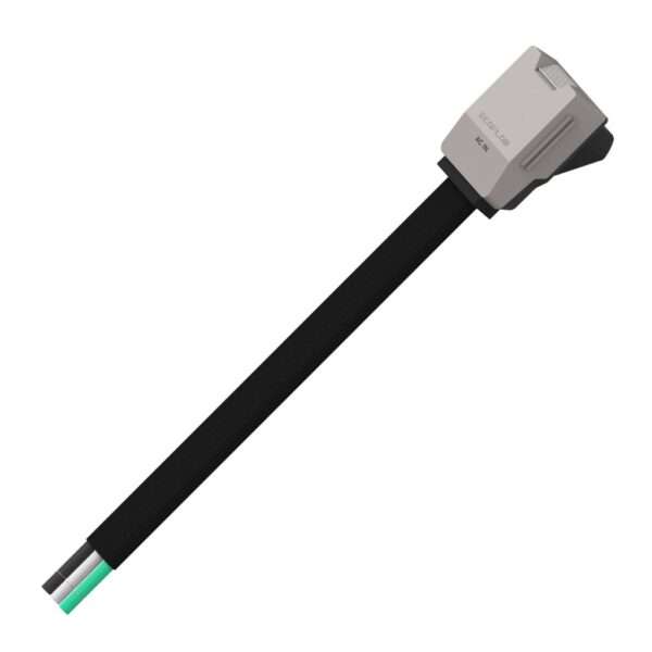 Ein schlanker, moderner elektrischer Anschluss mit einem rechteckigen silbernen Kopf, der mit ECOFLOW und AC IN gekennzeichnet ist und an einem langen, schwarzen, flexiblen Kabel befestigt ist. Am Ende des Kabels sind zwei farbcodierte Drähte sichtbar, ein grüner und ein metallisch grauer, was auf die Verwendung für elektrische Anschlüsse hindeutet. Der Hintergrund ist einfarbig weiß und hebt die Merkmale des Steckers hervor.