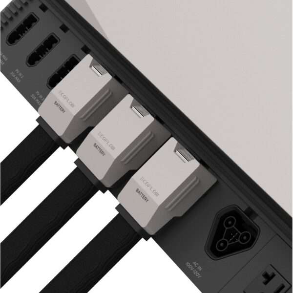 Nahaufnahme der Rückseite eines Geräts mit mehreren Batterieanschlüssen, die mit BATTERY gekennzeichnet sind. Die Anschlüsse sind schlank und so gestaltet, dass sie sich leicht anbringen lassen; von ihnen gehen drei schwarze Kabel ab. Auf der rechten Seite befindet sich ein Wechselstromanschluss mit der Angabe der Spannung (100-120 V). Das Gesamtdesign ist modern und stromlinienförmig, mit einem hellen Farbschema und einer klaren Beschriftung für die Benutzerfreundlichkeit.