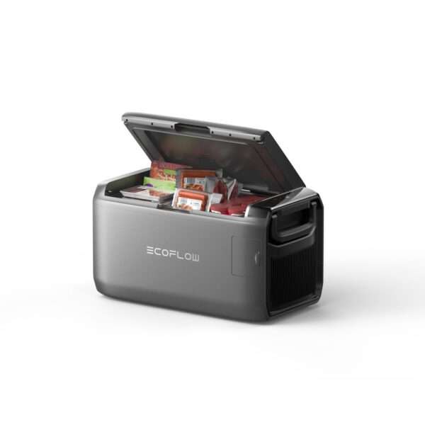 Eine graue, tragbare Kühlbox mit einem offenen Deckel, der eine Auswahl an Lebensmitteln enthält. Die Kühlbox hat einen Griff für den einfachen Transport und ein schlankes, modernes Design, das Funktionalität und Bequemlichkeit betont. Der Markenname ECOFLOW ist auf der Vorderseite angebracht.