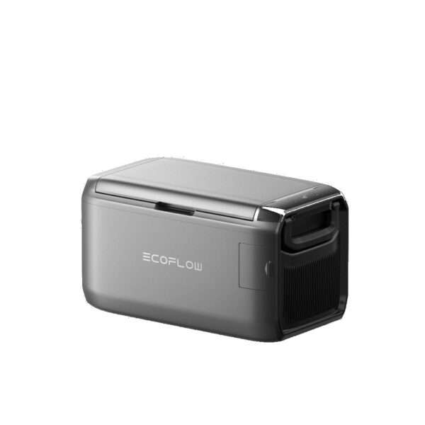 Eine schlanke, moderne, tragbare Kühlbox von EcoFlow mit einem glatten, grauen Äußeren und einem stromlinienförmigen Design. Sie verfügt über eine Frontklappe mit dezentem Griff, ein digitales Bedienfeld an der Oberseite und Lüftungsgitter an der Seite, die seine kompakten und effizienten Kühleigenschaften zur Geltung bringen.