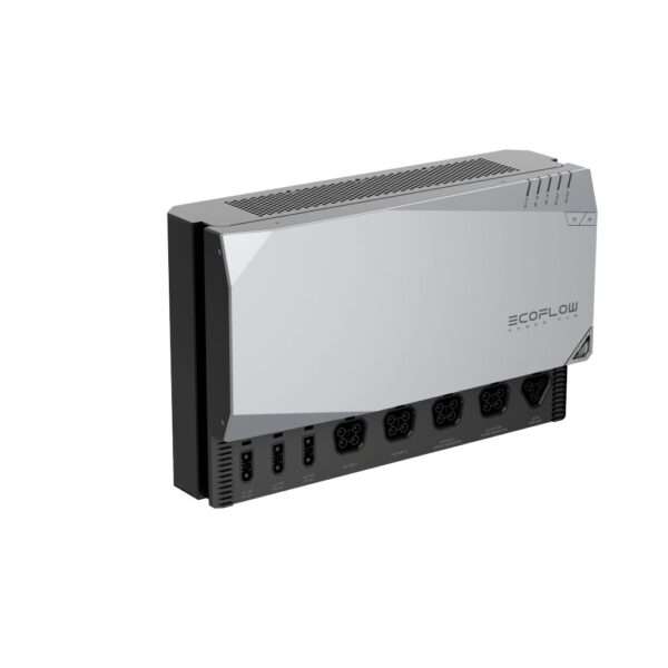Ein schlanker, moderner Power Hub von EcoFlow mit einem stromlinienförmigen Design mit einer silbernen Frontplatte und schwarzen Seiten. Das Gerät verfügt über mehrere Ausgangsanschlüsse an der Unterseite, darunter Standard-Wechselstromsteckdosen und USB-Anschlüsse, die für eine effiziente Energieverteilung ausgelegt sind. Auf der Oberseite befinden sich Lüftungsschlitze für das Wärmemanagement.