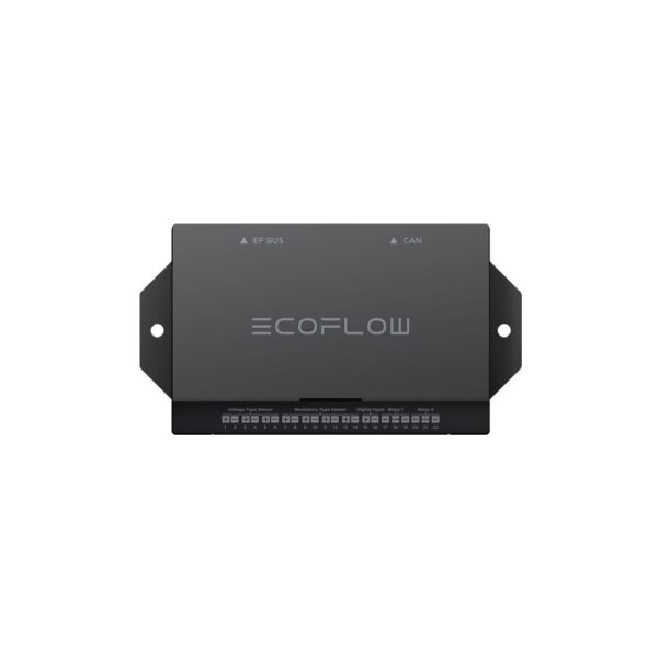 Ein kompaktes, rechteckiges, schwarzes Gerät mit der Aufschrift ECOFLOW in der Mitte, mit verschiedenen Eingangsanschlüssen und Steckern an der Unterseite für verschiedene Sensortypen und Relaisoptionen. An den Seiten befinden sich Befestigungslöcher für die Installation. Auf der Oberseite befinden sich Anzeigen für EF BUS und CAN. Das Gesamtdesign ist schlank und modern und eignet sich für elektronische oder technische Anwendungen.