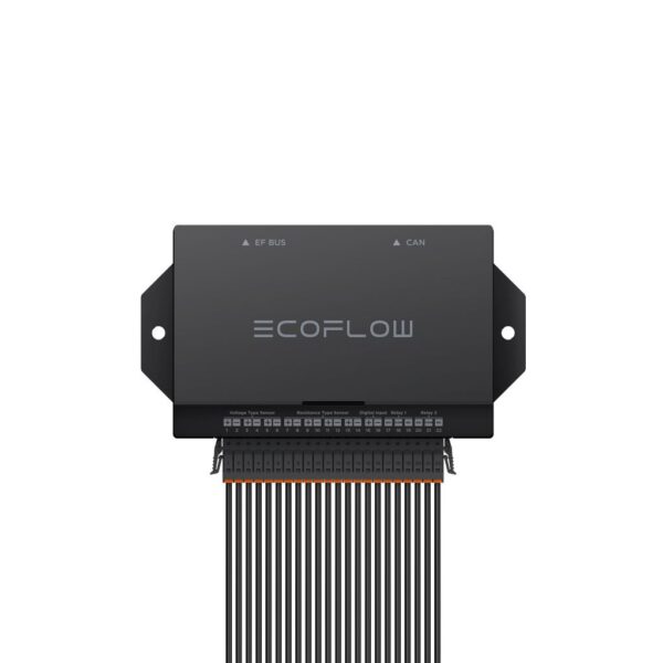Ein schwarzes elektronisches Gerät mit dem ECOFLOW-Logo in der Mitte und beschrifteten Anschlüssen für EF BUS und CAN an der Oberseite. Das Gerät verfügt über mehrere horizontale und vertikale Anschlüsse für Sensoren und Eingänge an der Basis und ist für die Montage vorgesehen, was durch die Flansche an beiden Seiten angedeutet wird. Sechseckige Formen sorgen für zusätzliche strukturelle Unterstützung. Das Gesamtdesign ist schlank und modern und eignet sich für technische Anwendungen.