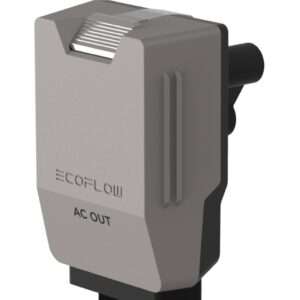 Ein grauer EcoFlow-Wechselstromstecker mit einem schlanken Design, das eine geriffelte Oberseite und ein AC OUT-Etikett an der Unterseite aufweist. Der Stecker verfügt über einen seitlichen Anschluss und hat eine leicht eckige Gesamtform. Er ist für die seitliche Montage ausgerichtet und eignet sich für tragbare Stromversorgungslösungen.