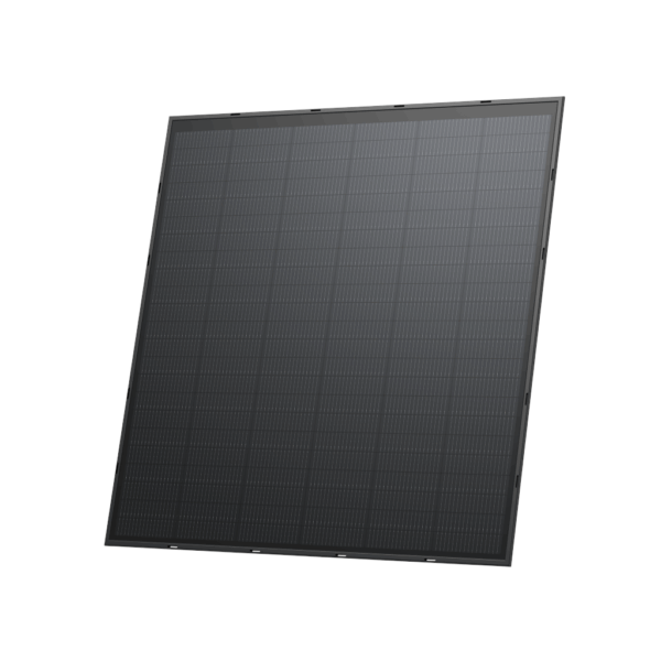 Ein schlankes, schwarzes Solarpanel in rechteckiger Form mit einem Gitter aus kleinen Photovoltaikzellen. Das Paneel ist leicht angewinkelt, wodurch seine glatte Oberfläche und die gerahmten Kanten zur Geltung kommen. Ideal für die Nutzung von Solarenergie für eine nachhaltige Energielösung.