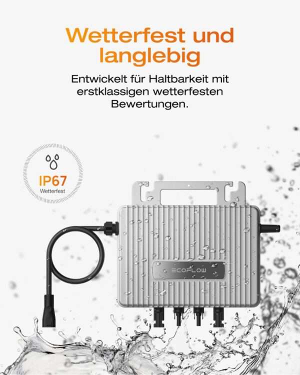Das schlanke, silberne Gerät mit der Bezeichnung EcoFlow ist wasserdicht und besitzt die Schutzklasse IP67. Es verfügt über mehrere Anschlüsse und ein gebogenes schwarzes Kabel, das mit ihm verbunden ist. Der Hintergrund suggeriert Wasserspritzer und unterstreicht die Haltbarkeit und Wetterbeständigkeit des Geräts. Der Text in deutscher Sprache hebt die wasserdichten und langlebigen Eigenschaften des Produkts hervor.