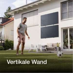 Ein Mann in legerer Kleidung steht auf einem gut gepflegten Rasen und bereitet sich darauf vor, einen Fußball zu kicken. Im Hintergrund befindet sich ein modernes Haus mit zwei an der Wand montierten Sonnenkollektoren und einem Sitzbereich mit zwei weißen Stühlen und einem kleinen Tisch. Die Umgebung ist hell und sonnig und spiegelt eine typische Szene im Freien in einem Wohngebiet wider.