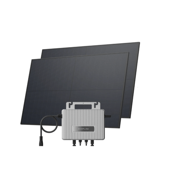 Ein Paar schwarzer Solarmodule, die aufrecht vor einem weißen Hintergrund stehen, mit einem schlanken, silbernen Solarladeregler mit mehreren Anschlussmöglichkeiten in der Mitte.