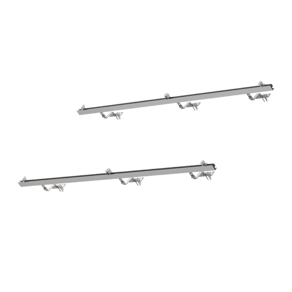 Zwei schlichte, silberne Metallstangen mit gleichmäßig verteilten Haken sind darunter abgebildet. Die Stangen sind parallel zueinander angeordnet und dienen zum Ordnen oder Ausstellen von Gegenständen. Die Oberfläche ist glatt und unterstreicht ihre moderne und schlichte Ästhetik.