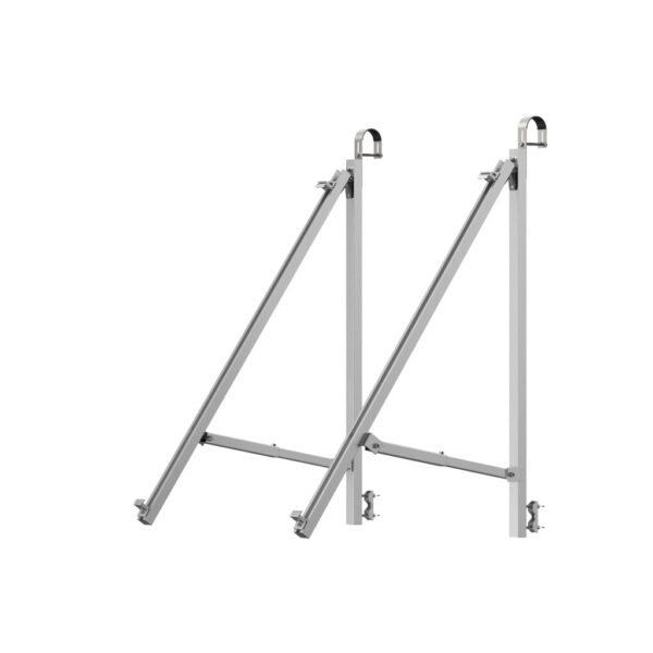 Ein Paar stabiler, silberner Aluminium-A-Rahmen, die für Stabilität und Flexibilität ausgelegt sind. Jeder Rahmen verfügt über einen oberen Haken zur Befestigung von Gegenständen und verstellbare Halterungen zur individuellen Höhenanpassung. Die Konstruktion ist leicht und dennoch robust, ideal für verschiedene Anwendungen im Innen- und Außenbereich.