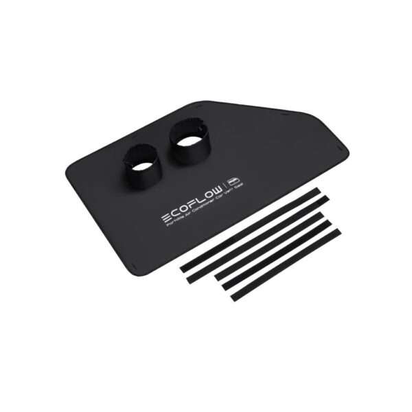 Eine schwarze, rechteckige Installationsplatte für Klimaanlagen mit zwei runden Ausschnitten und dem Text ECOFLOW Portable Air Conditioner CO2 Vent Pad in weißer Schrift. Neben der Platte befinden sich fünf schwarze Klebestreifen. Das Design ist schlank und funktional und dient zur Befestigung einer tragbaren Klimaanlage.
