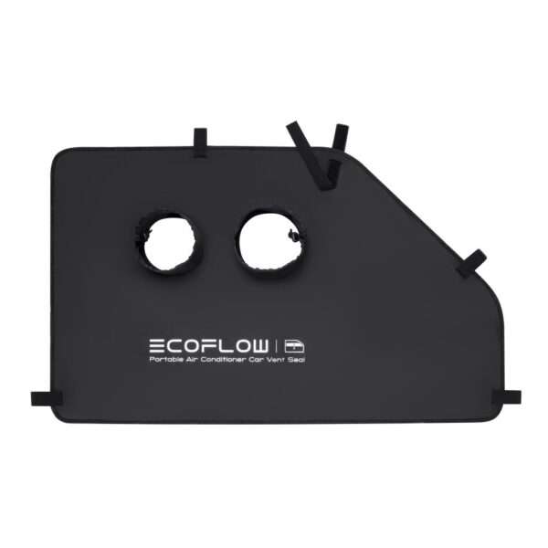 Eine schwarze Stoffdichtung für tragbare Klimaanlagen mit zwei runden Öffnungen für den Luftstrom. Die Dichtung hat Haken und Schlaufen an den Rändern, um sie zu befestigen, und enthält das ECOFLOW-Logo mit dem Text Portable Air Conditioner Car Vent Seal am unteren Rand. Die Gesamtform ist rechteckig mit einem Ausschnitt für das Armaturenbrett eines Autos.