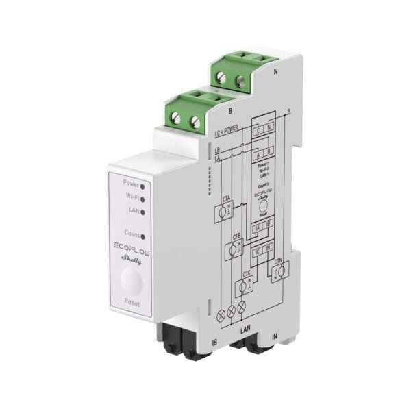Ein kompaktes weißes elektronisches Gerät mit Klemmenleisten mit grünen Anschlüssen an der Oberseite. Auf der Vorderseite befinden sich verschiedene Anzeigen mit den Bezeichnungen Power, Wi-Fi, LAN und Count sowie eine Reset-Taste. Das Gerät ist für die intelligente Energieüberwachung konzipiert, mit technischen Abbildungen und Schaltplänen an der Seite. Es verfügt über Anschlüsse für die Stromzufuhr und LAN-Kommunikation, die sich für die Integration in Smart-Home-Systeme eignen.