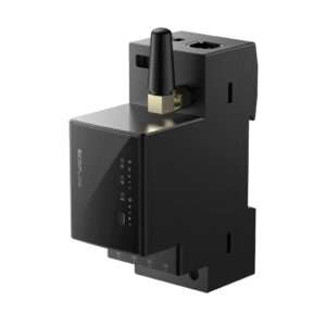 Ein kompaktes, schwarzes Smart-Meter-Gerät mit Antenne, das über eine elegante Vorderseite mit LED-Anzeigen für Leistung und Signalstärke sowie vier beschriftete Anschlüsse (L1 bis L4) an der Unterseite verfügt. Das Gerät hat ein modernes Design, das sich für den Einbau in Schalttafeln oder ähnliche Einrichtungen eignet.
