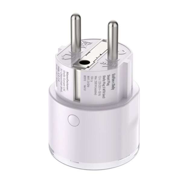 Ein weißer, intelligenter Stecker mit einer transparenten Vorderseite, die zwei runde Öffnungen für die Stromanschlüsse und ein Logo mit der Aufschrift ECOFLOW Shelly aufweist. Das Design umfasst einen kleinen Knopf auf der Oberseite zur Bedienung und Markierungen, die Spezifikationen wie Spannung und Stromstärke angeben.
