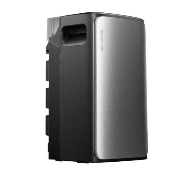 Ein elegantes, kompaktes tragbares Kraftwerk mit silberner Frontblende und schwarzen Seiten. Das Gerät verfügt über einen Griff für den einfachen Transport und mehrere Anschlüsse zum Aufladen elektronischer Geräte. Sein modernes Design lässt auf Vielseitigkeit für Outdoor-Aktivitäten oder Notstromversorgung schließen. Das Logo ECOFLOW ist gut sichtbar auf der Vorderseite angebracht.