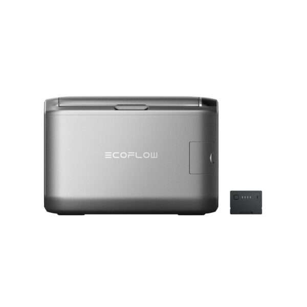 Eine schlanke, kompakte 55l EcoFlow-Kühlbox in Grau mit einer flachen Oberseite und einer Seite mit einem Schiebefach um den Akku einsetzen zu können. Daneben befindet sich ein kleiner, rechteckiger Akku mit Status LEDs. Das Design unterstreicht die moderne Funktionalität und Tragbarkeit.