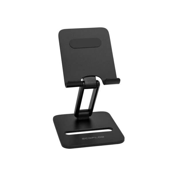 Ein schlanker, verstellbarer schwarzer Telefonständer mit einem stabilen Sockel und einem klappbaren Hals, der Geräte in verschiedenen Winkeln aufrecht halten kann. Das Design zeichnet sich durch eine glatte Oberfläche und einen kleinen Schlitz an der Basis für das Kabelmanagement aus, wobei der Markenname ECOFLOW auf der Vorderseite steht.