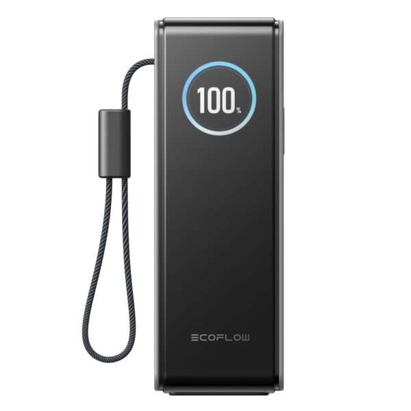 Eine elegante, schwarze, tragbare Powerbank mit einer digitalen Anzeige, die eine volle Ladung bei 100 % anzeigt. Das Gerät verfügt über einen strukturierten Trageriemen, der das Tragen erleichtert, und ist mit dem EcoFlow-Logo versehen. Sein minimalistisches Design vermittelt eine moderne und funktionale Ästhetik.
