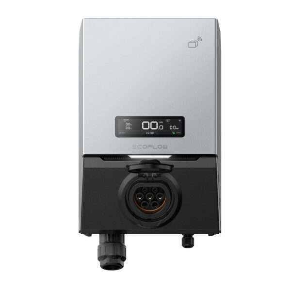 Ein schlankes, modernes Ladegerät für Elektrofahrzeuge mit einem silbernen Oberteil und einem schwarzen Unterteil. Auf der Vorderseite befindet sich ein digitales Display, das den Ladestatus und die Anschlussmöglichkeiten anzeigt. An der Unterseite befindet sich ein kreisförmiger Ladeanschluss mit einem angeschlossenen Kabel. Das Gesamtdesign ist kompakt und minimalistisch und eignet sich für die Wandmontage.