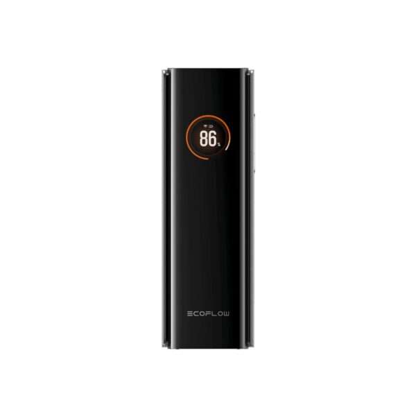 Ein schlankes, schwarzes EcoFlow-Gerät in minimalistischem Design mit einem digitalen Display in der Mitte, das die Zahl 86 in einem orangefarbenen, kreisförmigen Rahmen anzeigt. Das Display enthält auch Wi-Fi-Signalanzeigen oberhalb der Zahl. Das Produkt hat eine glänzende Oberfläche, die seine moderne Ästhetik unterstreicht.