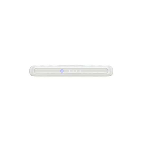 Ein schlanke, weiße 5.000mAh Powerbank, das von oben betrachtet wird. Es hat eine glatte Oberfläche vier Kontrollleuchten, die den Ladestatus anzeigen. Das Gesamtdesign ist kompakt und modern und eignet sich für den mobilen Einsatz.