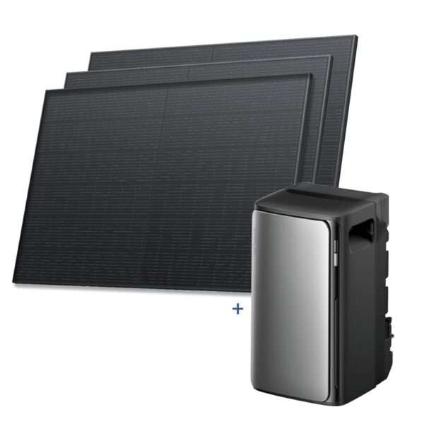 Drei schlanke, schwarze Solarmodule mit einem gitterartigen Muster von Zellen ist oben links angeordnet. Neben den Paneelen befindet sich ein kompaktes, modernes Gerät mit einer glänzenden silbernen Vorderseite und einem mattschwarzen Gehäuse, das einer Batterie oder einem Wechselrichter ähnelt und zur Energiespeicherung oder -verwaltung dient. Die Gesamtkomposition unterstreicht eine saubere, umweltfreundliche Energielösung.