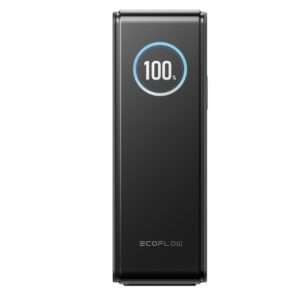 Eine elegante, schwarze, tragbare Ladestation mit einer digitalen Anzeige, die eine volle Ladung bei 100 % anzeigt. Das Gerät verfügt über ein modernes Design und das EcoFlow-Logo ist an der Unterseite gut sichtbar angebracht. Es hat eine kompakte, rechteckige Form mit glatten Kanten und eignet sich für den Einsatz im Freien oder als Notstromversorgung.
